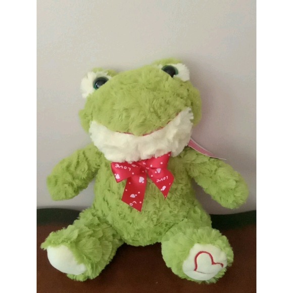 The Unbranded Brand Other - Frog plushie With Red Love Bow And Embroidered Heart On Foot NEW